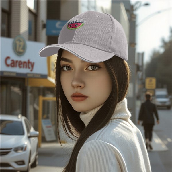 Black baseball cap with cute smiling watermelon and smile graphic