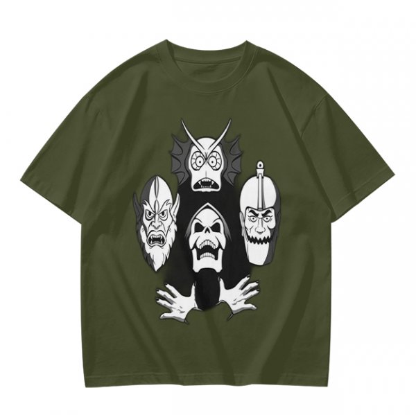 Olive T-shirt with Four Dark Fantasy Villain Heads Graphic Print