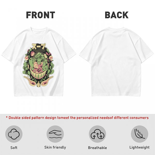 Olive green t-shirt with playful vegetable soup graphic print