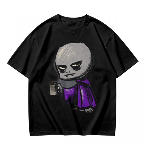 Olive T-Shirt With Grumpy Vampire Holding Coffee Mug Print