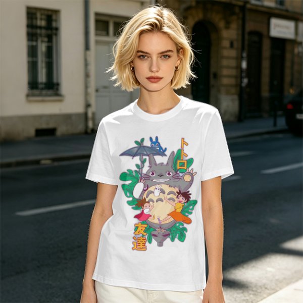 My Neighbor Totoro Graphic T-Shirt with Anime Characters and Leaves