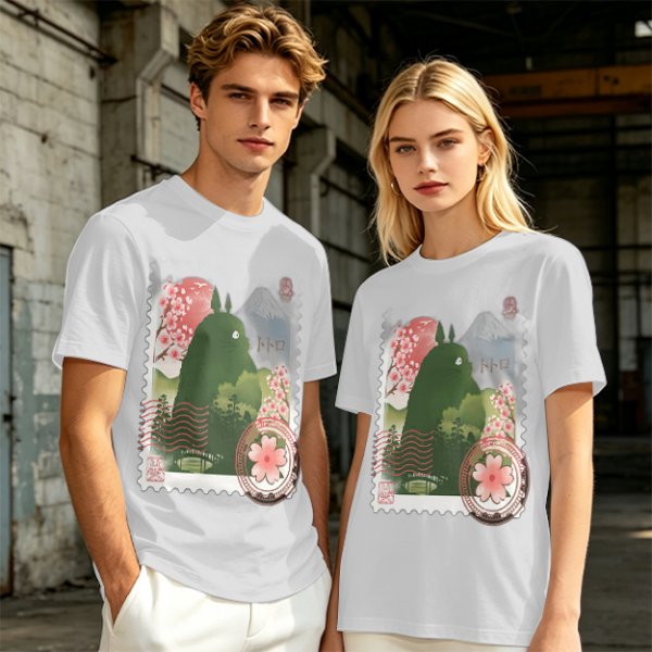 Olive T-Shirt with Totoro Cherry Blossom Stamp Art Print