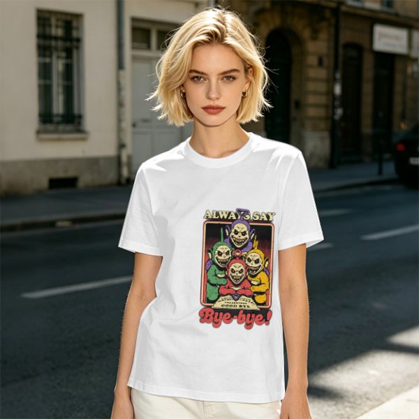 Olive t-shirt with creepy Teletubbies 'Always Say Bye-bye' print