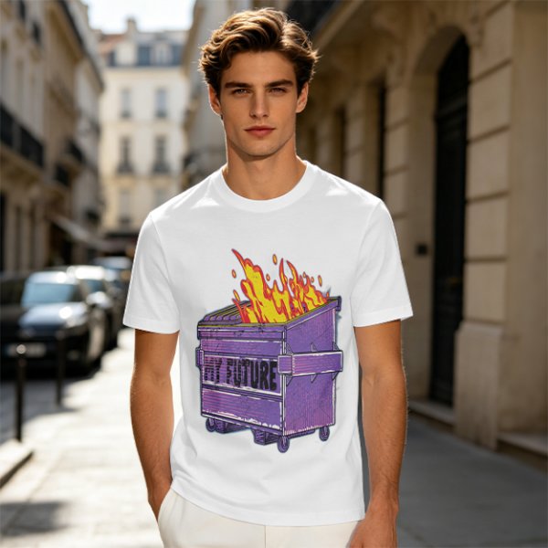 Olive T-Shirt With Burning Dumpster 'My Future' Graphic