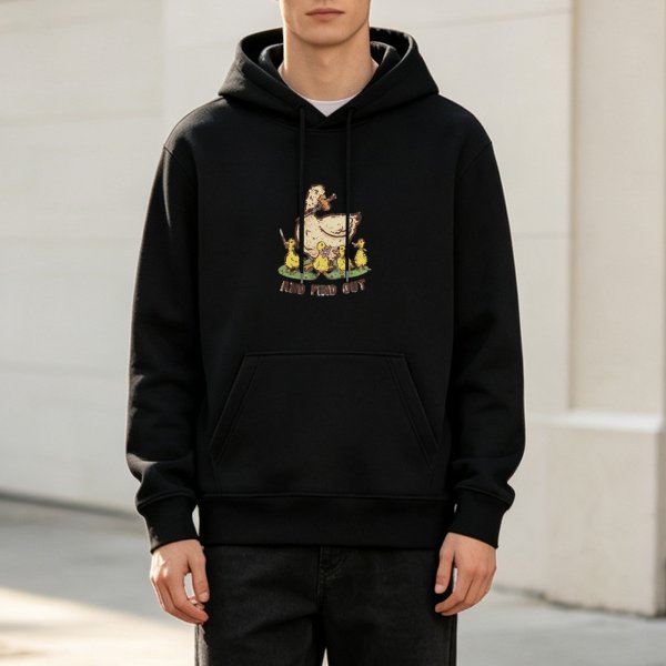 Black hoodie with tactical duck family graphic and "AND FIND OUT" text