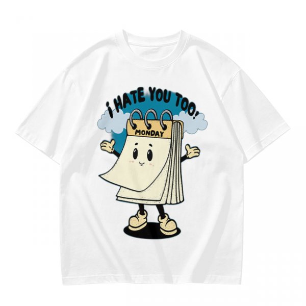 Olive t-shirt with cartoon Monday calendar graphic and 'I HATE YOU TOO' text