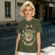 Olive green t-shirt with playful vegetable soup graphic print