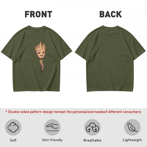 Olive Green T-Shirt with Smiling Baby Groot Graphic