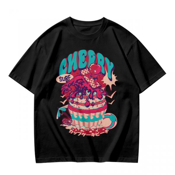 Olive T-shirt with Cherry Surf Cupcake Beach Graphic Print