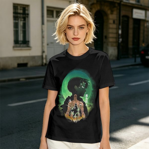 Attack on Titan layered silhouette graphic olive t-shirt
