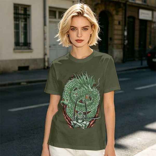 Olive T-shirt with Green Dragon and Samurai Warrior Graphic