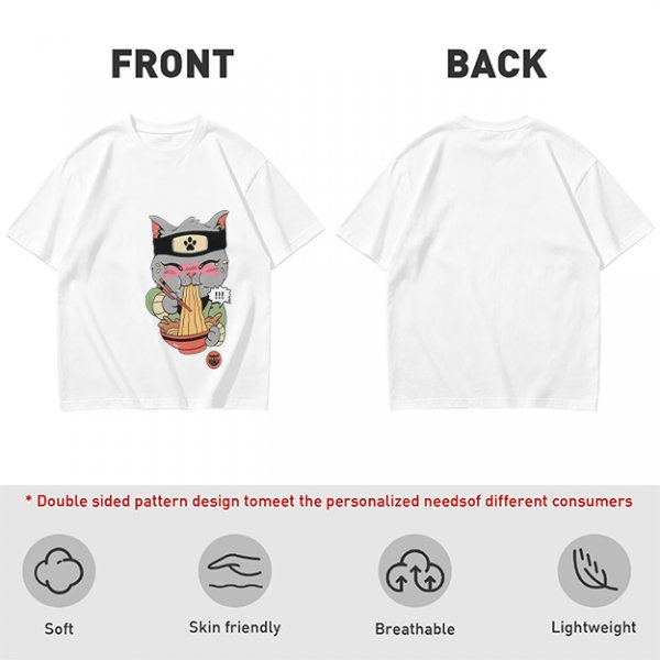 Olive green t-shirt with a ninja cat eating ramen graphic