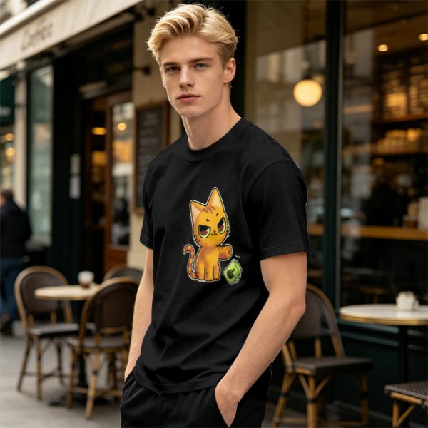 Olive T-shirt with mischievous orange cat knocking over green cup print