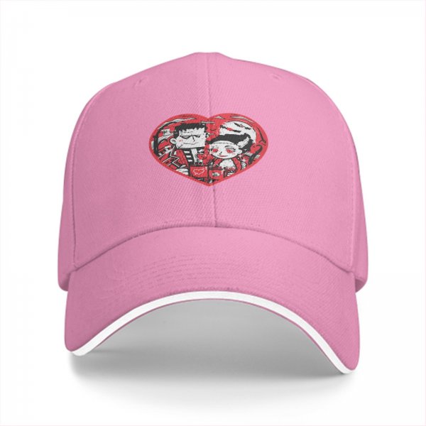Black baseball cap with Frankenstein and bride heart graphic