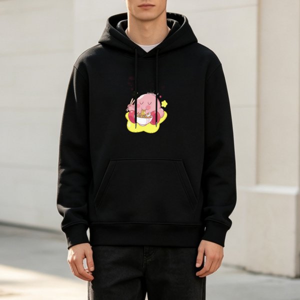 Black hoodie featuring Kirby eating ramen on a yellow star