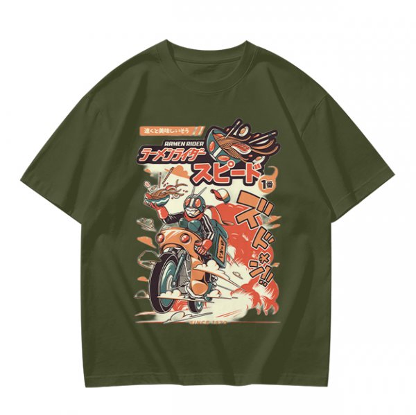 Olive green graphic tee with retro masked rider ramen motorcycle art