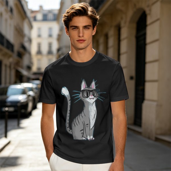 Olive T-Shirt With Cool Gray Cat Wearing Sunglasses Print