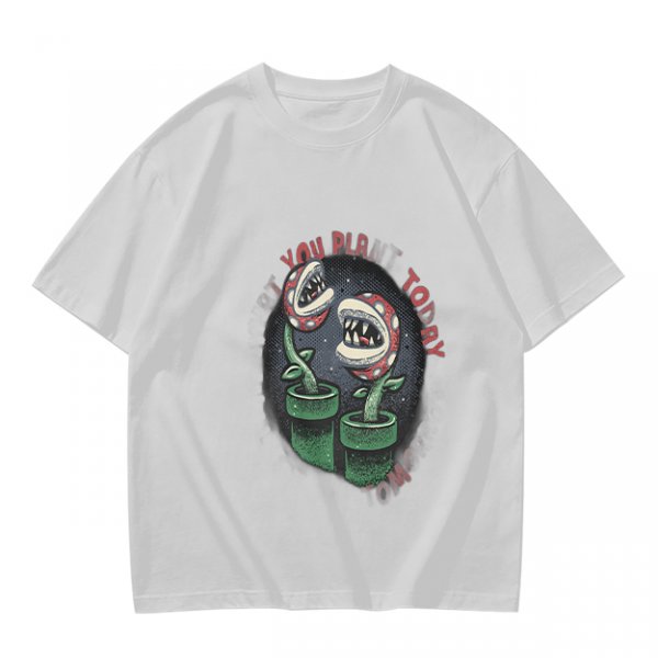 Olive T-shirt with Piranha Plant Graphic and 'You Plant Today' Text
