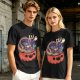 Halloween pumpkin ramen bowl with cute monster graphic t-shirt