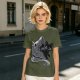 Olive Green T-Shirt With Black Cat Peeking From Knight Helmet Art