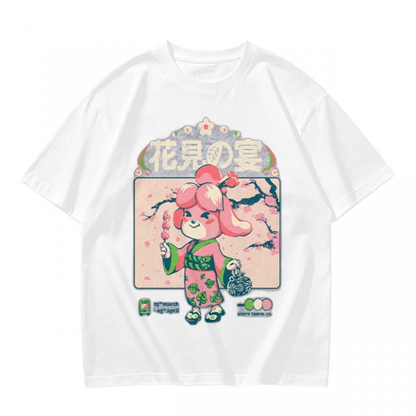 Olive green t-shirt with cherry blossom festival dog character print