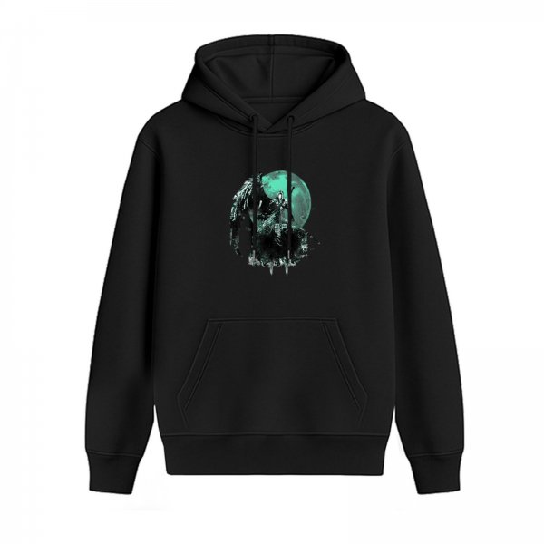 Black Hoodie With Dark Fantasy Moon Creature Graphic Print
