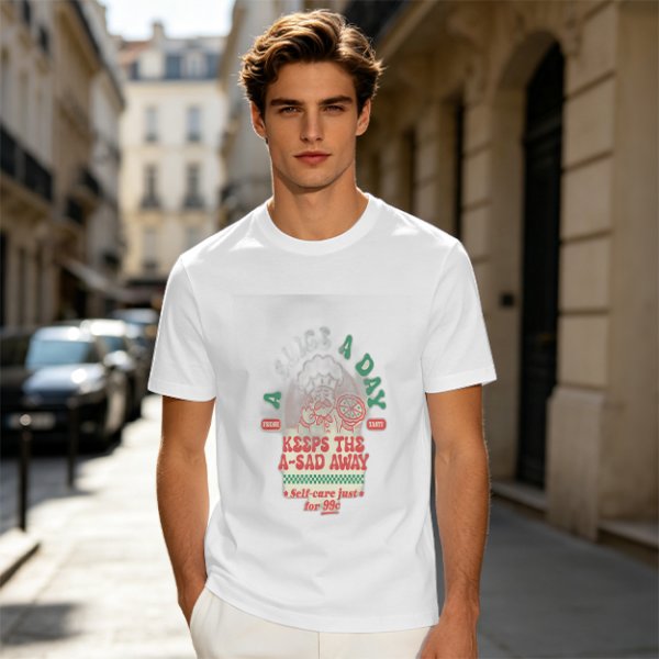 Olive graphic t-shirt with funny cat and 'keeps the a-sad away' text