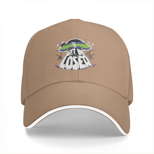 Black baseball cap with UFO and 'Get In Loser' graphic design