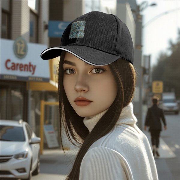 Black Baseball Cap With Blue Whimsical Character Print
