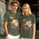 Oversized olive t-shirt with raccoon drinking beer graphic