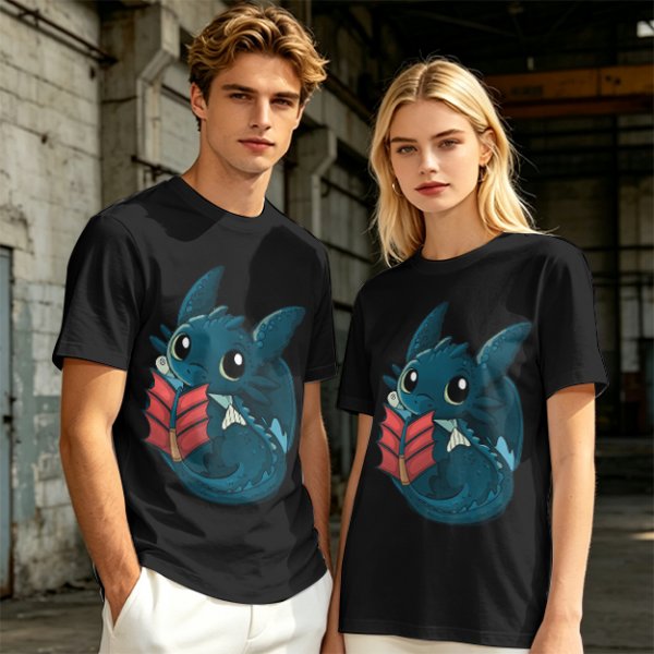 Olive T-Shirt With Cute Baby Dragon Reading Book Print