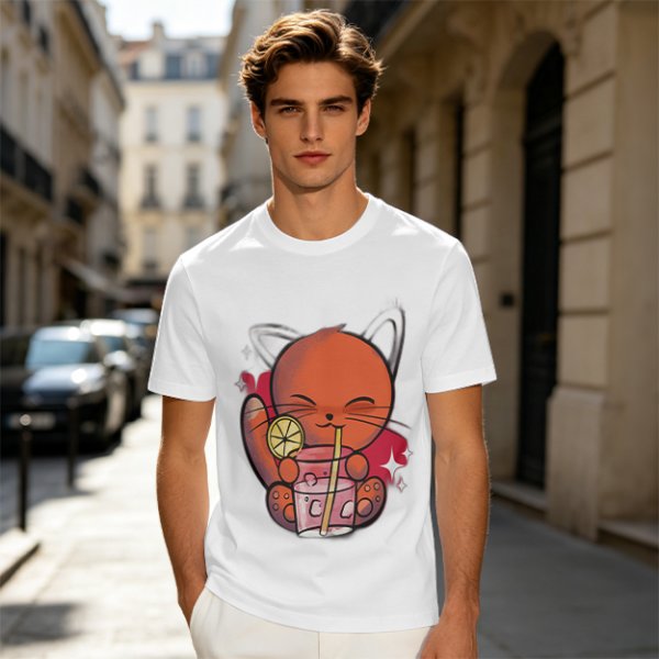 Olive Green T-Shirt With Cute Orange Cat Drinking Cocktail Graphic