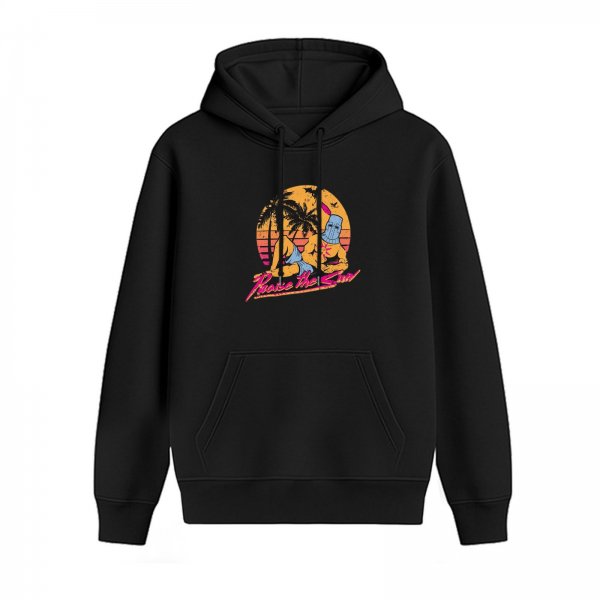 Black hoodie with retro sunset knight graphic and 'Praise the Sun' text