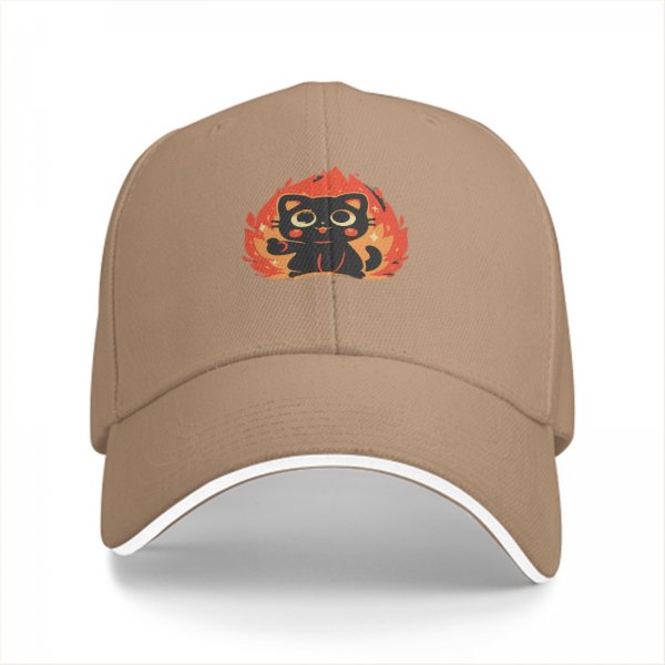 Black Baseball Cap With Cute Black Cat Surrounded By Flames Graphic