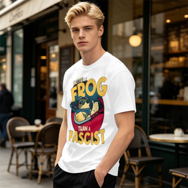 Olive graphic t-shirt with 'Better a Frog Than a Fascist' pilot frog design