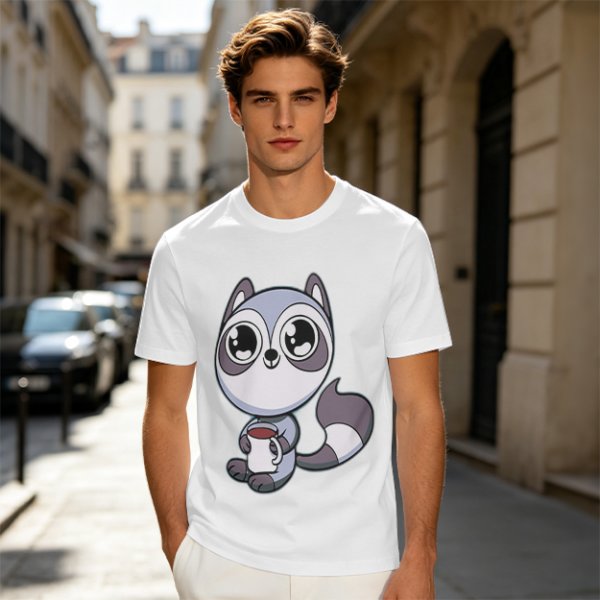 Olive T-Shirt with Cute Raccoon Holding Coffee Mug Print
