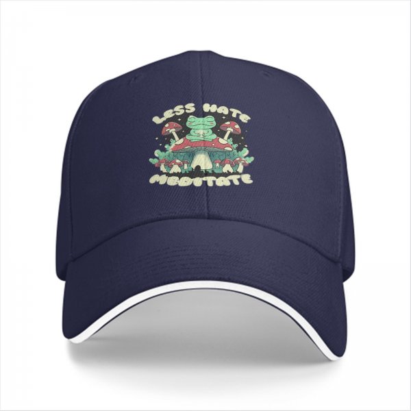Black baseball cap with meditating frog and 'Less Hate Meditate' mushroom design