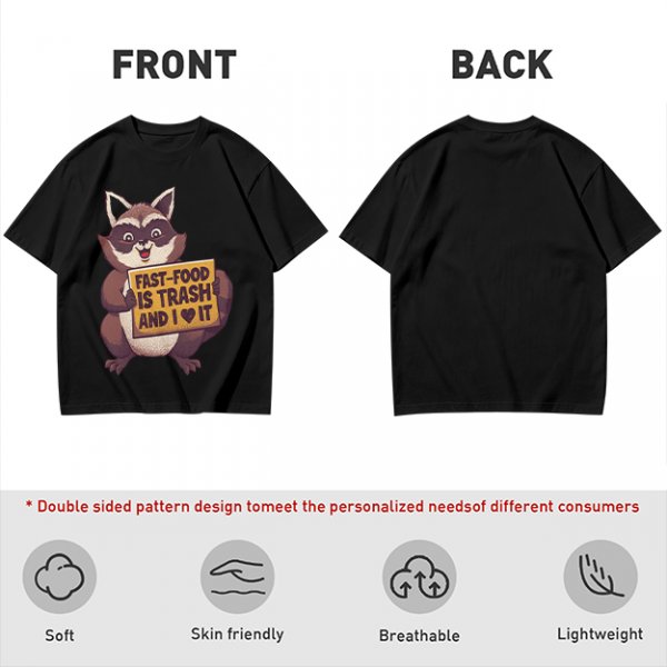 Olive t-shirt with a raccoon holding a fast food trash sign