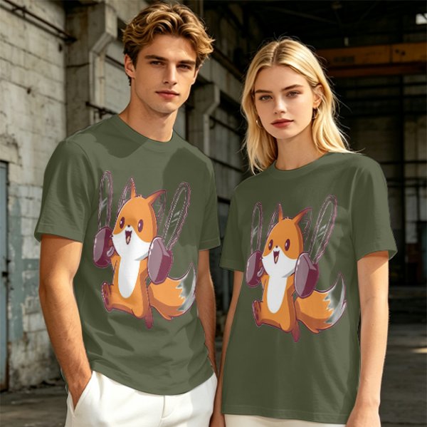 Olive T-shirt with a cute chainsaw squirrel graphic