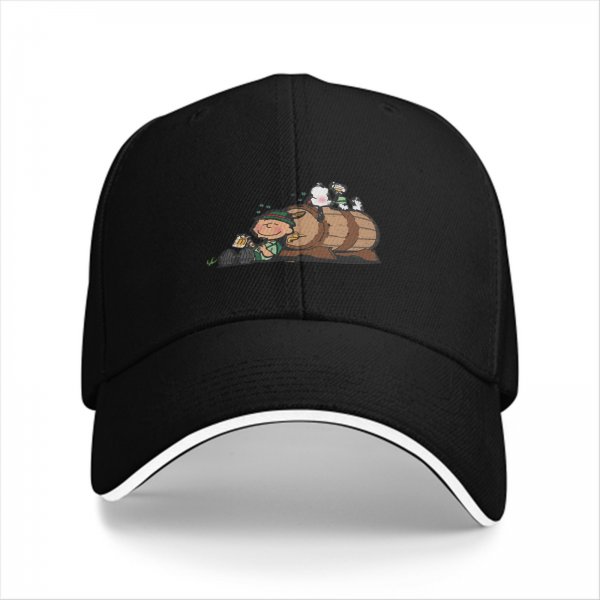 Black baseball cap with cartoon leprechaun and beer barrel graphic