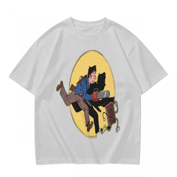 Olive T-shirt with Cartoon Chainsaw Action Character Print