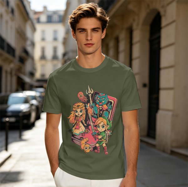 Olive t-shirt with The Legend of Zelda retro game characters print