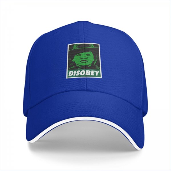 Black baseball cap with green 'DISOBEY' portrait graphic