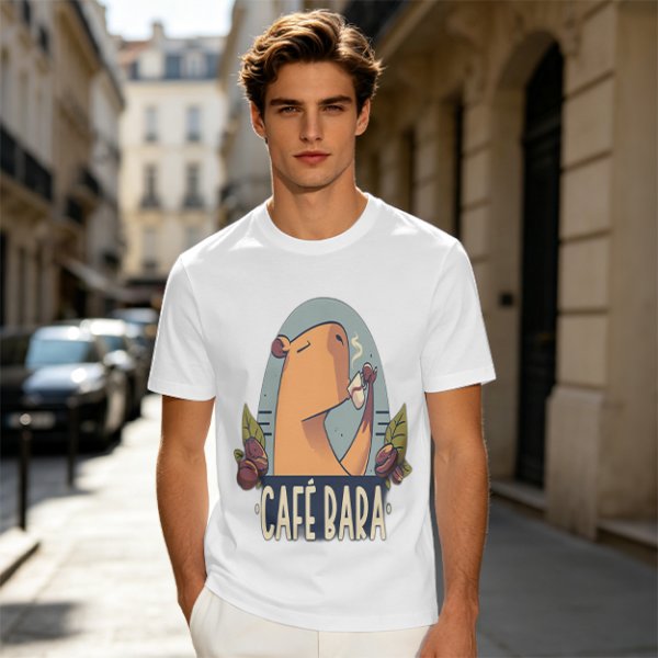 Olive t-shirt with capybara drinking coffee graphic
