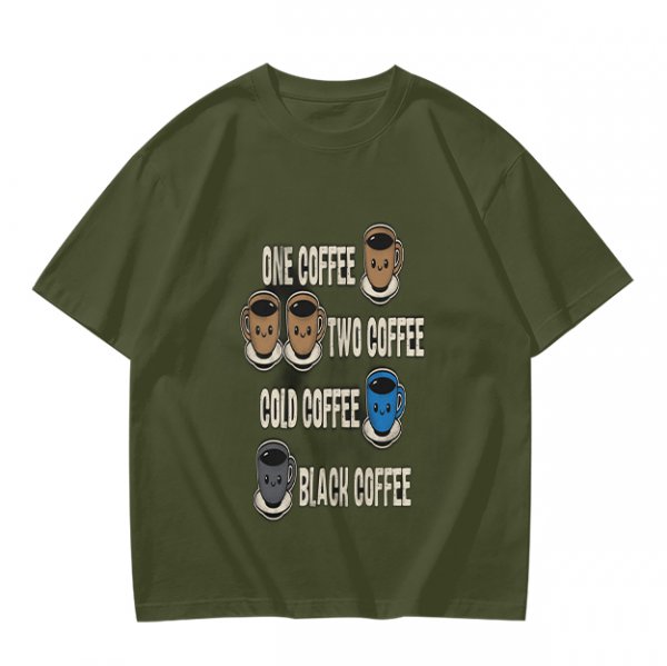 Olive green graphic tee with coffee cup illustrations and playful coffee text
