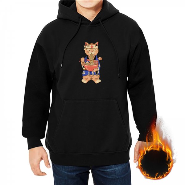 Black Hoodie With Japanese Ramen Cat Graphic