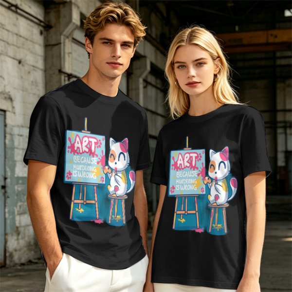Olive T-Shirt With Cute Artist Cat Art Because Murder Is Wrong Print