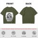 Olive green graphic t-shirt with bedridden cartoon girl and 'DAILY' text