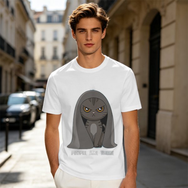 Olive T-shirt with Angry Cat in Hooded Cloak Graphic Print