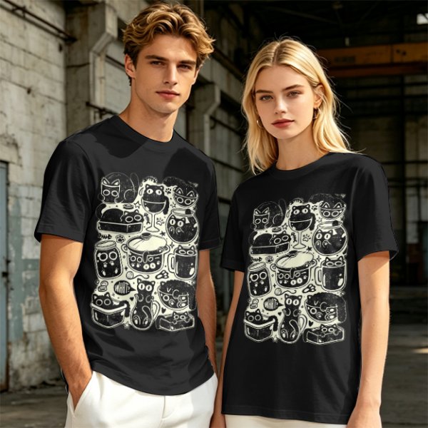 Olive Green T-Shirt With Playful Black Cats In Kitchenware Print